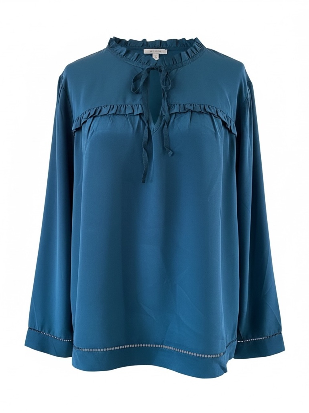 Point Sur J Crew Silk Long Sleeved Ruffle Top With Tie Front In Teal Size XXL